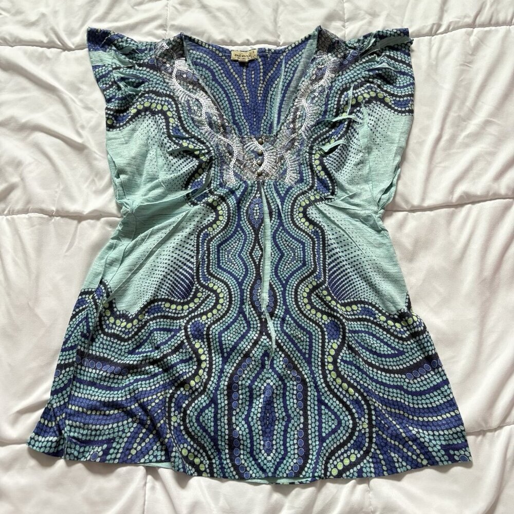 Vintage‎ 90s Y2K Womens Size Small Blue Short Sleeve Blouse Peasant Cottagecore
